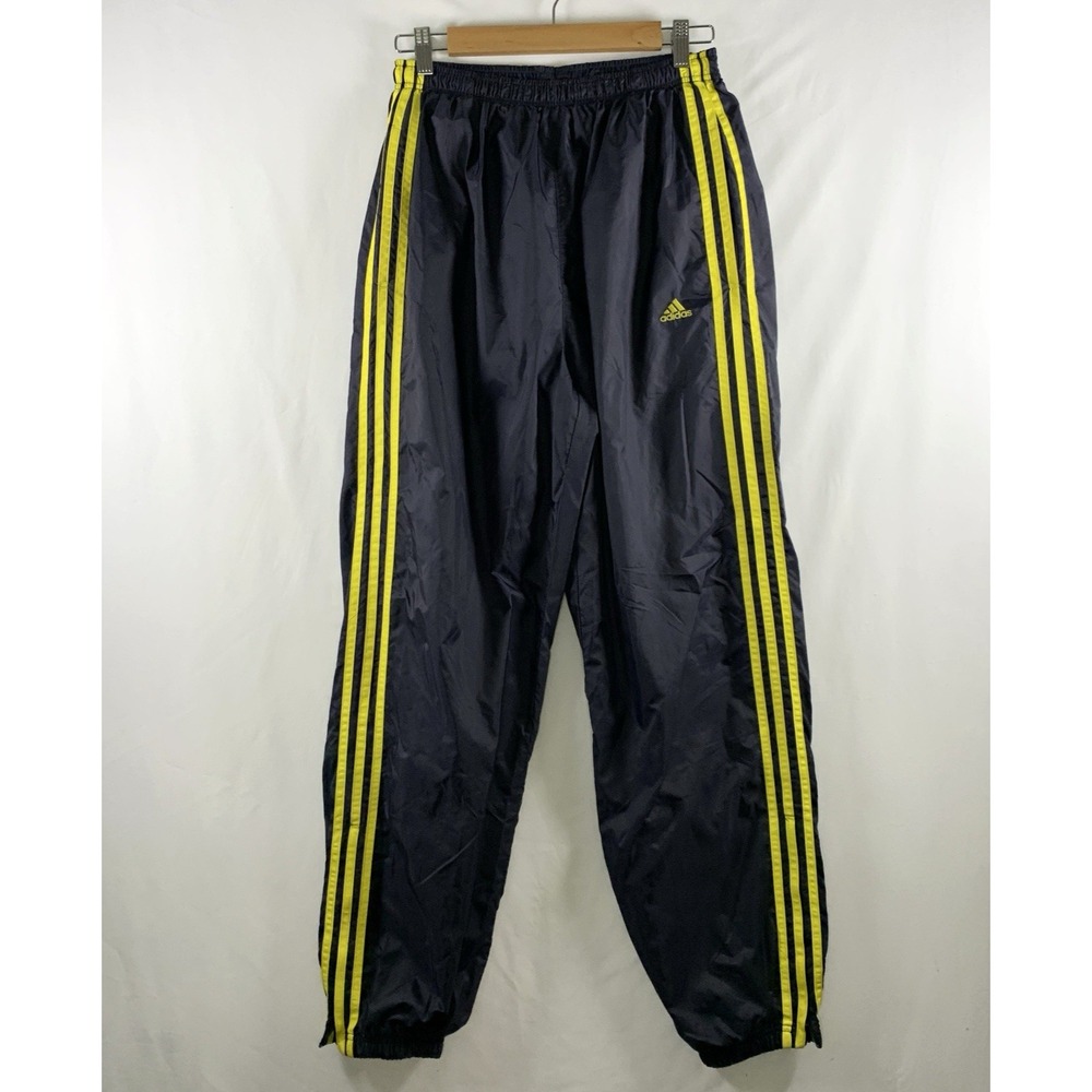 VTG Y2K Adidas Mens 3 Stripe Baggy Nylon Trackpants Large Navy Fleece Lined